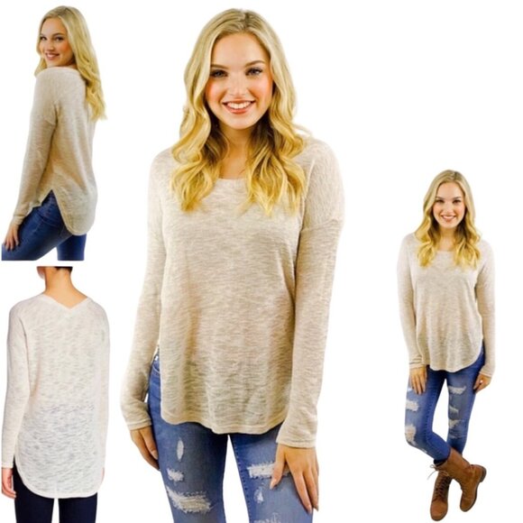 Lush Beige Long Sleeve Lightweight V-Back Knit Sweater Top - Picture 4 of 12